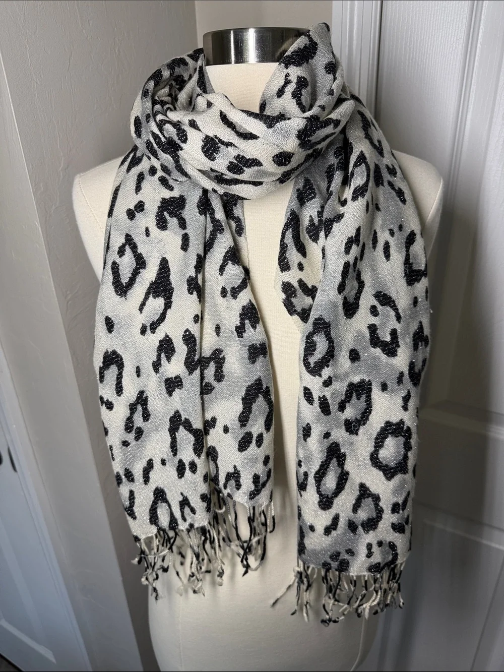J. McLaughlin white and black animal print wool scarf with silver metallic